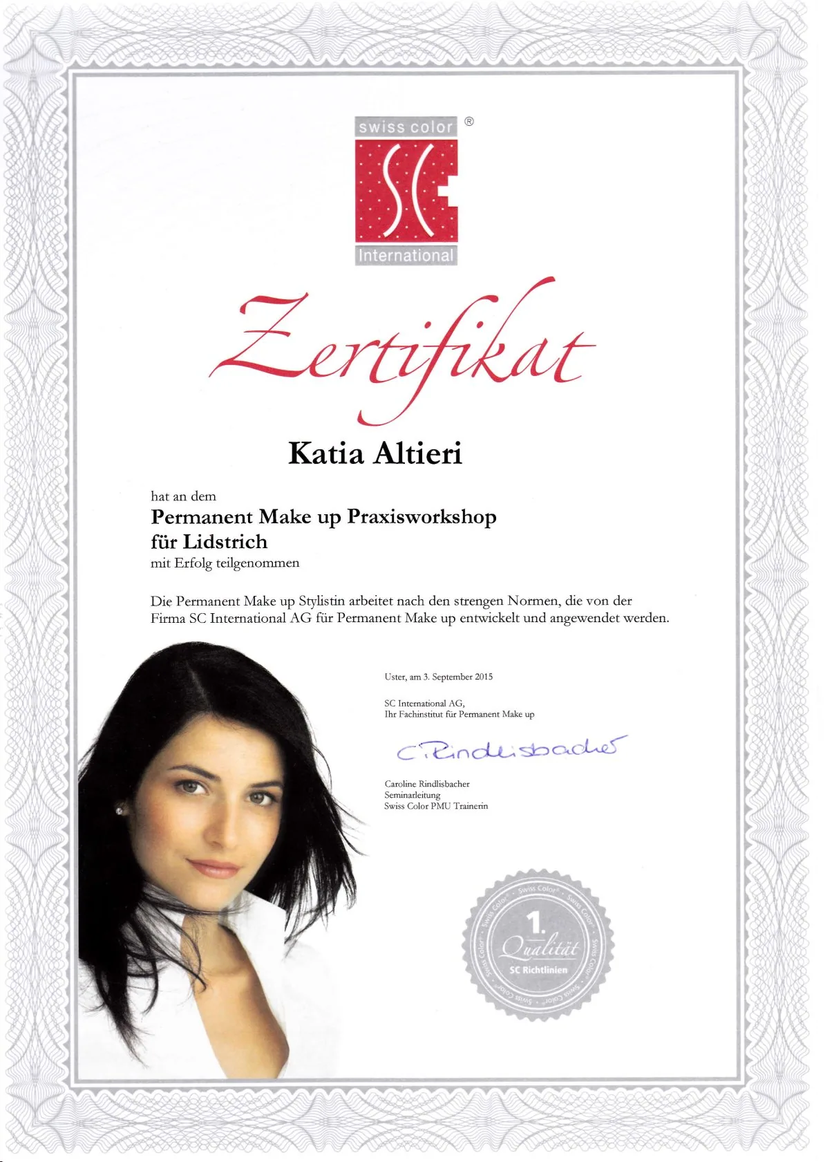 Zertifikat Permanent Make-up von Katia Altieri